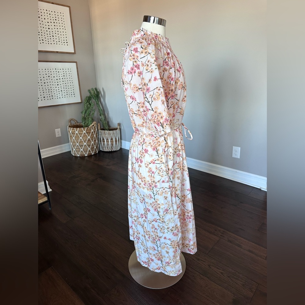 J. Crew Smocked Neck Puff-Sleeve Cotton Dress Pink Peach Cherry Blossoms LG NWT - Picture 4 of 14